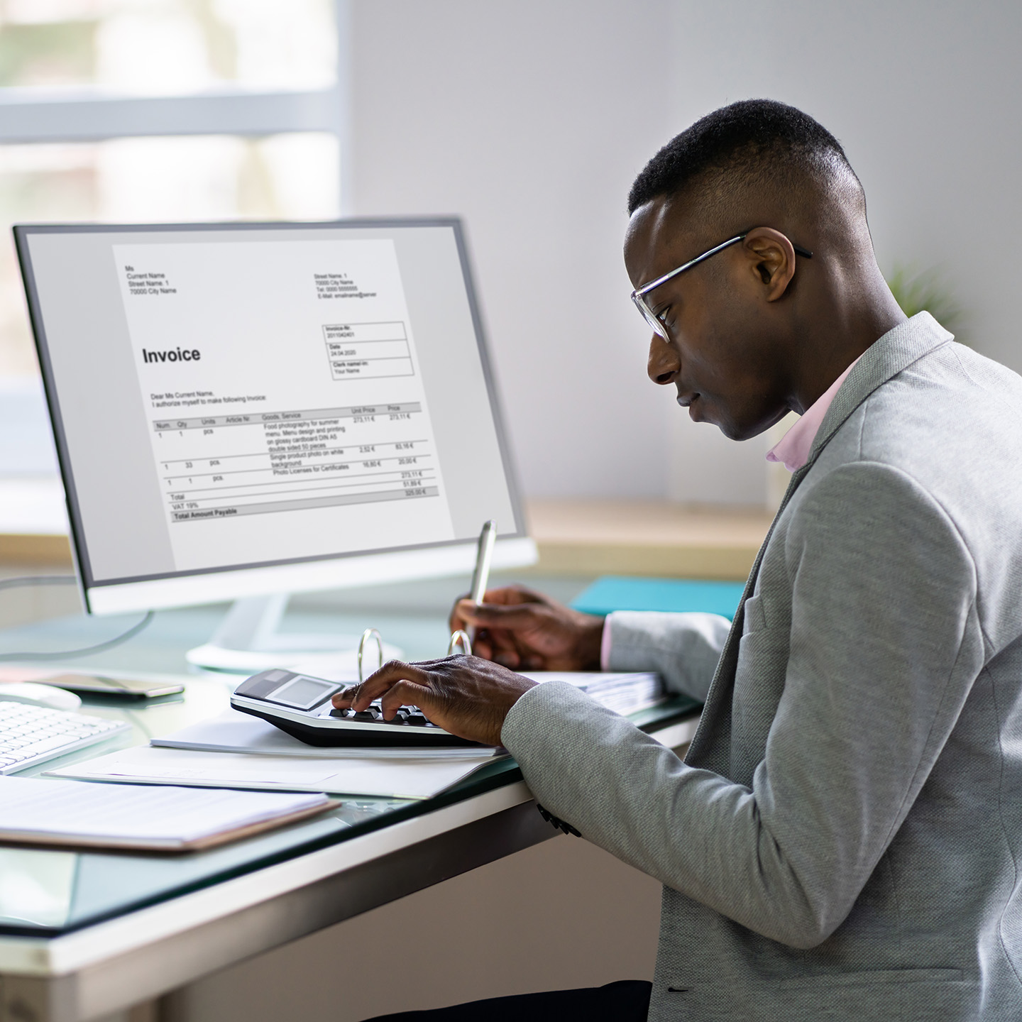 Man calculating invoice at office desk